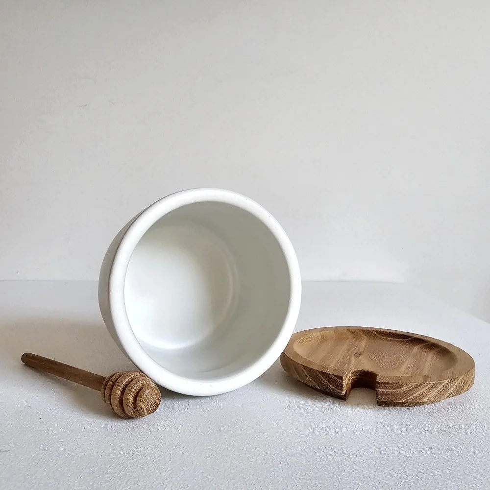 Heart & Hand With Magnolia Stonewear White Honey Jar Acacia Wooden Dipper & Lid